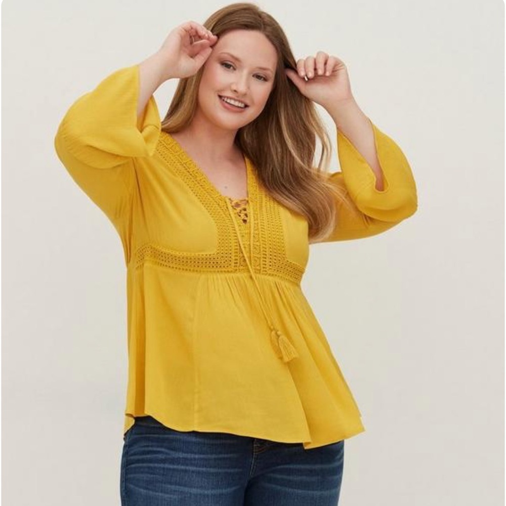 Torrid Babydoll Gauze Crochet Trim Lace-Up Top